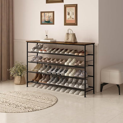 Shoe Rack 5 Tier Shoe Storage Organizer Metal Mesh Shelves with MDF Top Board for Entryway, Hallway, Closet,Bedroom，Living Room (Black+Rustic Brown, Large 5 Tier)