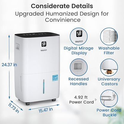 Yaufey 150 Pints Energy Star Dehumidifier for Home, Basement and Large Room up to 7000 Sq. Ft., with Drain Hose, Timer, Intelligent Humidity Control and Large Water Tank