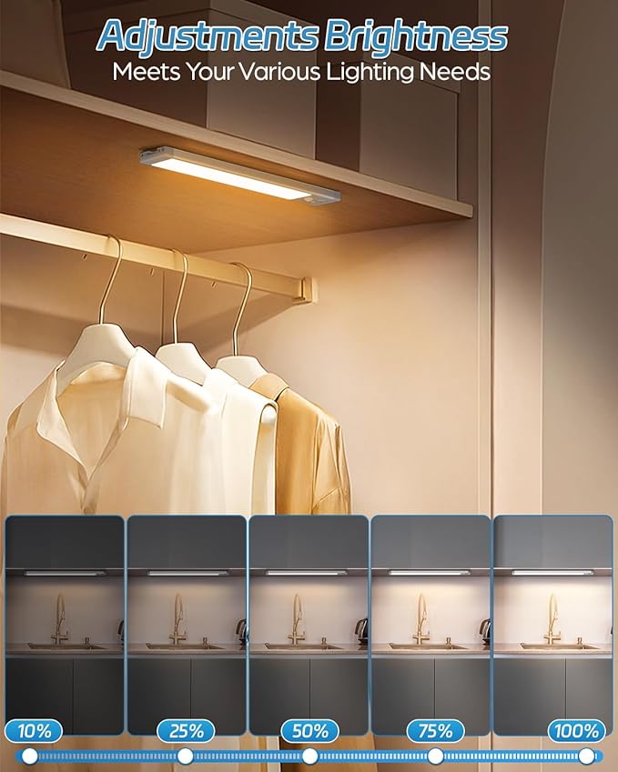 HIBOITEC Under Cabinet Lighting Rechargeable 50 LED Closet Lights Battery Operated Dimmable Motion Sensor Light Indoor, Wireless Light for Kitchen, Wardrobe, Drawer, 2 Pack, Warm White Light, 10 inch