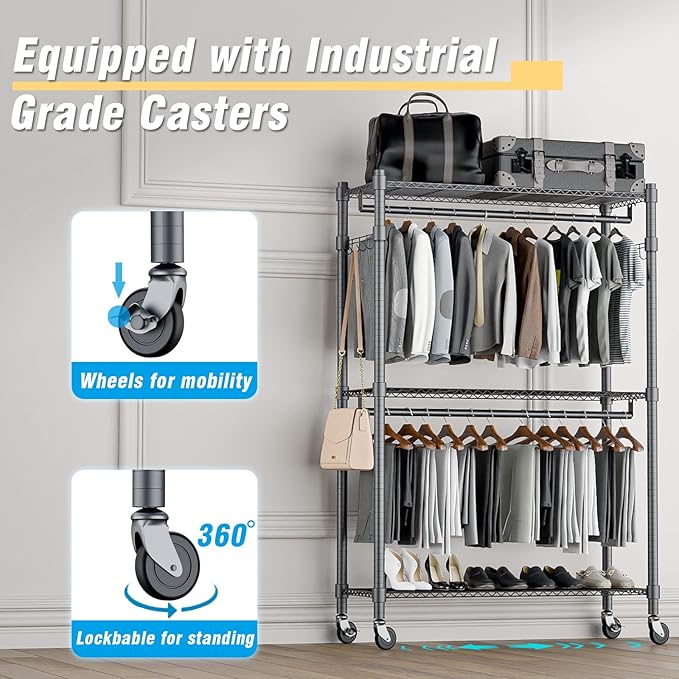 Homdox 3 Shelves Wire Shelving Clothing Rolling Rack Heavy Duty Commercial Grade Garment Rack with Wheels and Side Hooks (One Pair Hook and Two Hanging Rods Gray)