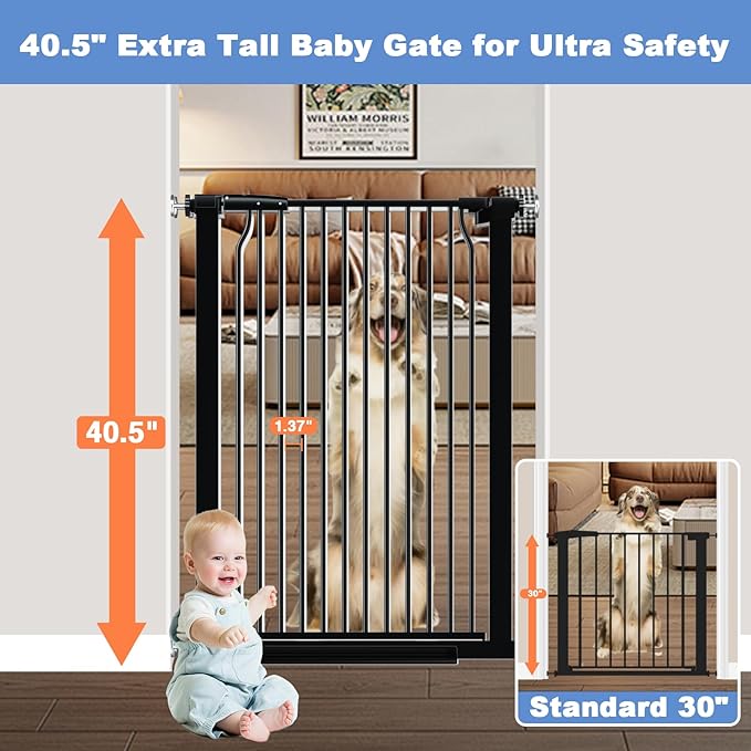 60.2"-65.7" Baby Gates Extra Wide, 40.5" Tall Dog Gate Indoor, Walk Through Pet Gates for Doorways Kitchen No Drilling Auto Close Pressure Mounted Safety Child Toddler Gate, Black