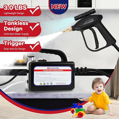 Moongiantgo 1700W High Pressure Steam Cleaner Handheld Portable Tankless Steam Cleaning Machine for Car Detailing Commercial Home Use Kitchen Bathroom Grout Tile (Black, 110V)