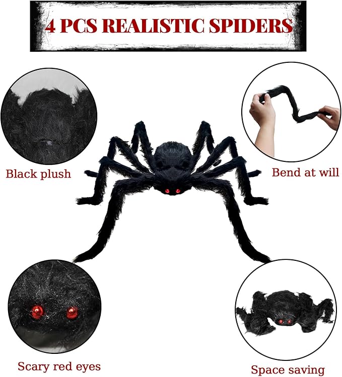 ZMCINER Large Halloween Spiders for Outside, Big Spider Halloween Decorations Realistic Scary Hairy Spiders Halloween Decorations Outdoor (49"", 29"", 20"", 20"")