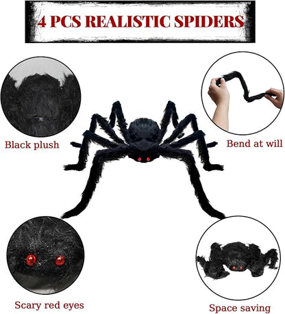 ZMCINER Large Halloween Spiders for Outside, Big Spider Halloween Decorations Realistic Scary Hairy Spiders Halloween Decorations Outdoor (49"", 29"", 20"", 20"")