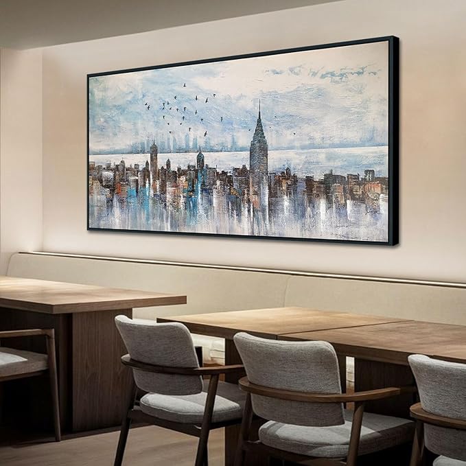 Arjun Cityscape Wall Art New York City Buildings Picture Modern Abstract Grey Skyline Birds NYC Painting Artwork for Bedroom Living Room Bathroom Home Office Decor, Large Size Black Framed 40"x20"