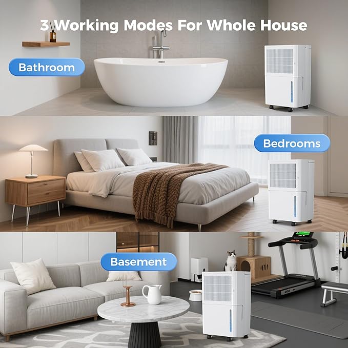 2,500 Sq Ft Home Dehumidifier with Drain Hose, 74 OZ Water Tank, 24 Hr Timer, 3 Modes High Efficiency Compressor for Basement, Bedrooms, Bathrooms and Laundry Rooms