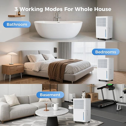 2,500 Sq Ft Home Dehumidifier with Drain Hose, 74 OZ Water Tank, 24 Hr Timer, 3 Modes High Efficiency Compressor for Basement, Bedrooms, Bathrooms and Laundry Rooms