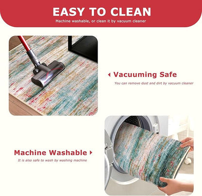 KOZYFLY Washable Area Rug 5x7 Modern Ombre Thin Rugs for Living Room Non-Slip Soft Striped Rug for Bedroom, Print Green Abstract Carpet for Laundry Kid Room