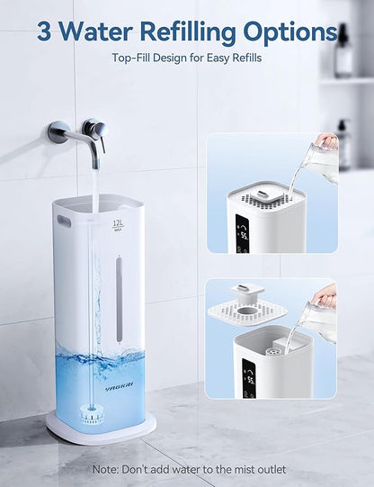 VAGKRI 12L Large Room Humidifier, 120H Long Lasting Cool Mist, 3 Mist Levels, Auto Humidity Adjustment, Top Fill Design with Essential Oil Tray for Bedroom, Home, Plants, Baby