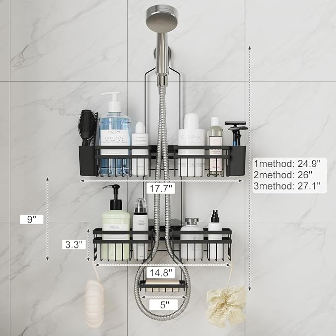 Shower Caddy Hanging for Bathroom Organizers and Storage - 3-Tier Adjustable Anti-Swing Shower Organizer for Handheld Showerhead with Heavy-Duty Suction Cups, Damage-Free Rustproof (Black)