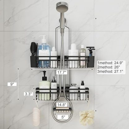 Shower Caddy Hanging for Bathroom Organizers and Storage - 3-Tier Adjustable Anti-Swing Shower Organizer for Handheld Showerhead with Heavy-Duty Suction Cups, Damage-Free Rustproof (Black)