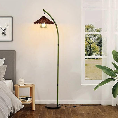 beaysyty Bamboo Floor lamp Mid Century Rattan Retro Floor lamp Bohemian,Arc Floor Lamps for Living Room Tall Reading Lamps Antique Rattan Style for Bedroom Dining Room Farmhouse Study (Green)
