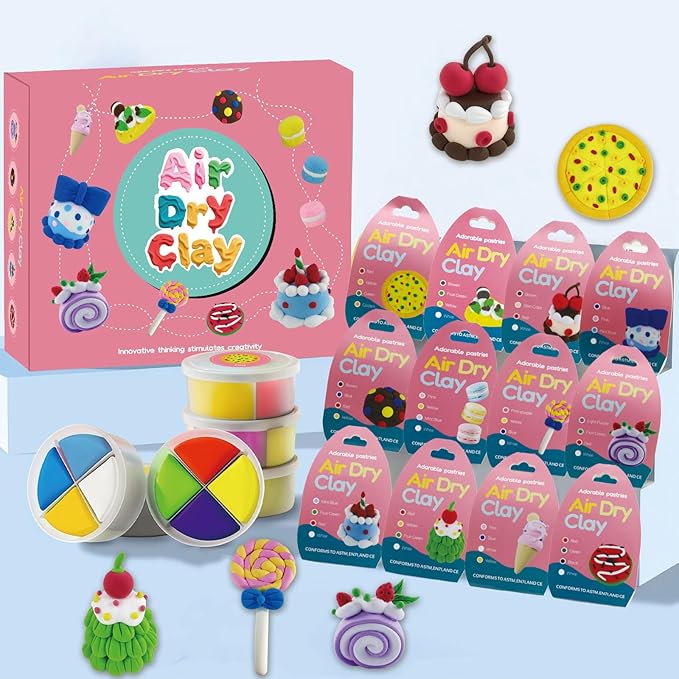 Air Dry Clay Kit for Kids - Cakes Themed,12 Desserts DIY Molding Clay Art Crafts Set for Kids Girls Boys Valentines Gifts Party Favors Classroom School Exchange Prize（Cake）
