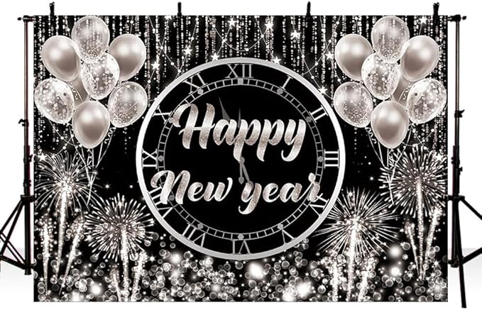 MEHOFOND Happy New Year Backdrop Hello 2024 NYE Cheers Party Decorations Sliver Black Photography Background Kiss Me at Midnight New Year's Eve Festival Party Supplies Photobooth Banner 8x6ft