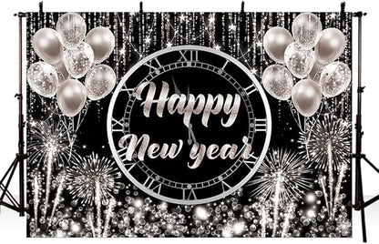 MEHOFOND Happy New Year Backdrop Hello 2024 NYE Cheers Party Decorations Sliver Black Photography Background Kiss Me at Midnight New Year's Eve Festival Party Supplies Photobooth Banner 8x6ft