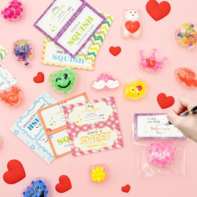 28 Pack Valentines Day Gifts for Kids, Valentines Squishy Stress Balls with Valentine Cards Classroom Prizes Exchange Gifts Prizes Valentines Day Gifts for Kids Boy Girl Valentine Party Favors