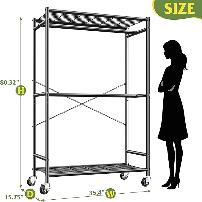 Raybee 80.32" H Clothes Rack,Rolling Clothing Racks for Hanging Clothes Heavy Duty Portable Garment Rack with Wheels 35.4" Wx15.75 Dx80.32 H,Black