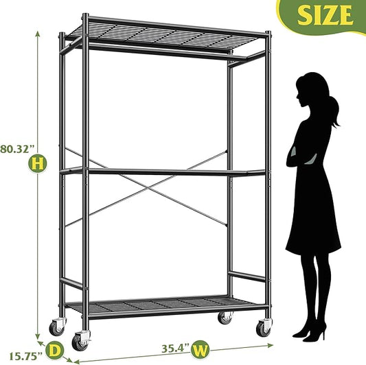 Raybee 80.32" H Clothes Rack,Rolling Clothing Racks for Hanging Clothes Heavy Duty Portable Garment Rack with Wheels 35.4" Wx15.75 Dx80.32 H,Black