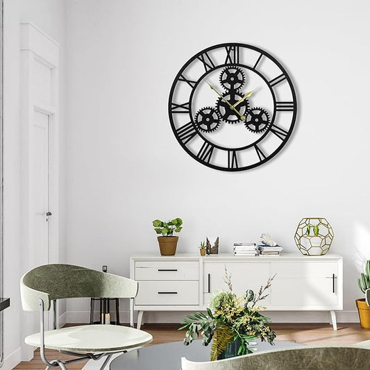 20inchesWall Clocks for Living Room Deco Metal Non Ticking Silent Battery Operated Roman Numeral Oversized Gear Wall Clocks for Bedroom Kitchen Fireplace Office Farmhouse
