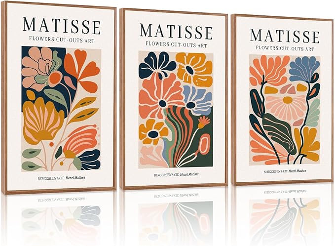 HLNIUC Framed Matisse Picasso Canvas Wall Art,Henri Matisse Flower Wall Decor Set of 3(16”x24’)Modern Aesthetic Pictures Wall Painting,Colorful Abstract Floral Market Art Print for Living Room,Office