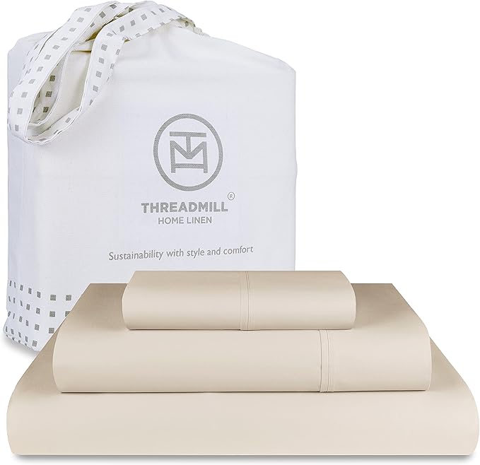 Threadmill 100% Cotton Sheets for Twin XL Size Bed - 600 Thread Count Twin XL Bed Sheets Set with 15” Deep Pocket - Sateen Weave 3-Piece Bedding Set with Cooling Effect, Beige
