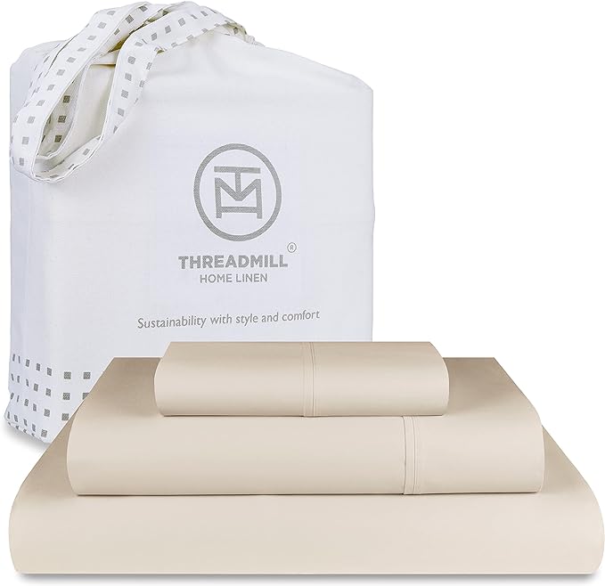 Threadmill Twin Sheet Set |656 Thread Count 100% Supima Cotton Sheets for Twin Mattress | Solid Sateen Twin Bed Sheets Set | 16” Deep Pocket | Soft Breathable 3-Piece Cooling Sheet Set | Beige Sheets