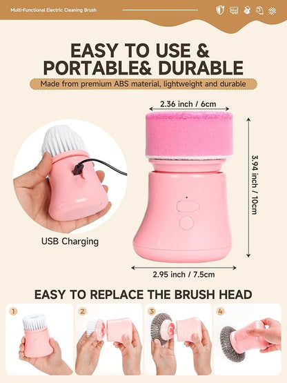 Electric Spin Scrubber, Mini Pink Cleaning Brush kit, for Wome, for Bathroom/Kitchen/Floor/Home/Grout/Tile/Shower, IP66 Waterproof Household Cleaning Supplies, Apartment Essentials