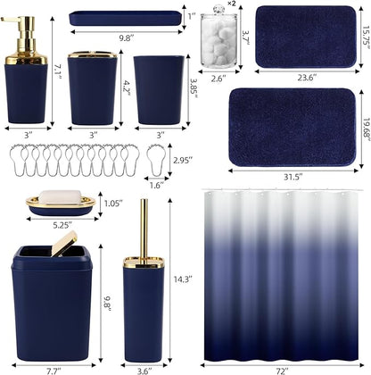 Bathroom Set - Navy Blue Bathroom Sets with Shower Curtain and Rugs, 24PCS Shower Curtain Set with Hooks, Soap Dispenser, Soap Dish, Toilet Brush Holder and Trash Can for Housewarming