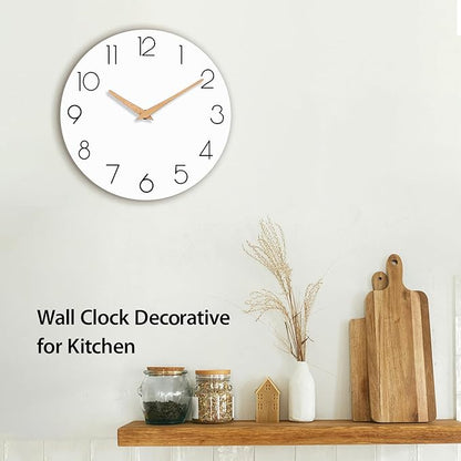 Wall Clock, 14 Inch Wooden Silent Non-Ticking, Decorative Battery Operated Wall Clocks for Bedroom, Kitchen, Home, Living Room, Office, School, Hotel (White)
