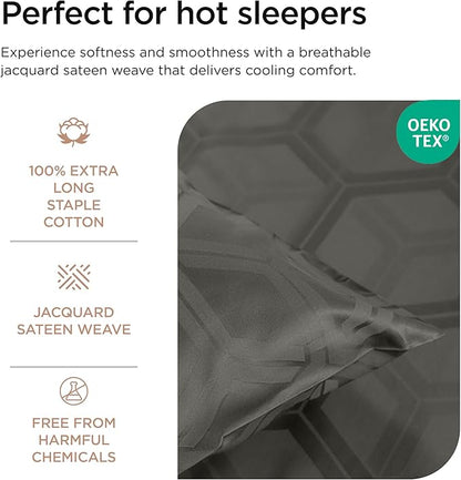Threadmill 100% Cotton Sheets for Queen Size Bed - 600 Thread Count Queen Bed Sheets Set with 16” Deep Pocket - Jacquard Sateen Weave 4-Piece Bedding Set with Cooling Effect, Dark Grey
