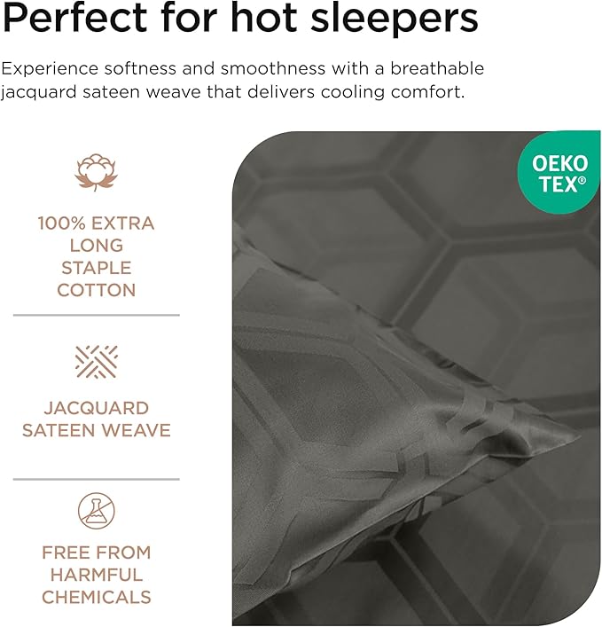 Threadmill 100% Cotton Sheets for Full Size Bed - 600 Thread Count Full Bed Sheets Set with 16” Deep Pocket - Jacquard Sateen Weave 4-Piece Bedding Set with Cooling Effect, Dark Grey