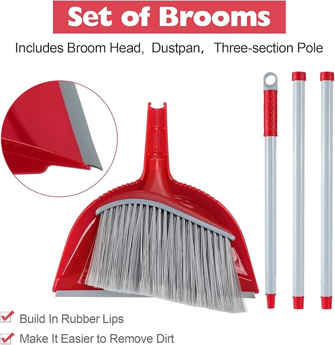 3 Pcs Broom and Dustpan Set 54 Inch Indoor Broom with Dust Pan Combo Set for Home Angle Broom and Dust Pan Kitchen Broom for Floor Cleaning