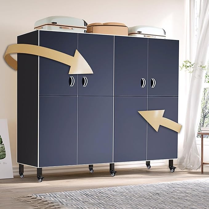 Heavy Duty Clothes Rack with Magnetic Door, Metal Foldable Covered Clothes Rack, Portable Wardrobe Closet System for Hanging Clothes, Rolling Garment Racks for Bedroom (Navy Blue Doors, 39.3in)