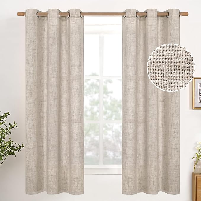 YoungsTex Natural Linen Curtains 38 Inch Width for Window Light Filtering Curtain Drapes 63 Inch Length with Bronze Grommet Privacy for Short Living Room Bedroom, 2 Panels