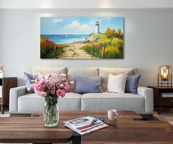 Acocifi Blue Coastal Wall Art Lighthouse Picture Nature Fall Landscape Ocean Beach Seascape Canvas Painting, Textured Artwork Large Framed for Living Room Bedroom Bathroom Office Home Decor 48"x24"