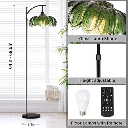 Gold Floor Lamp for Living Room,Bedroom,Standing Lamp with Remote Dimmable Brass Tall Lamp Vintage Retro Mid Century Modern Floor Lamps Arc Green Glass Flower Lamp Floor Light Boho Bohemian