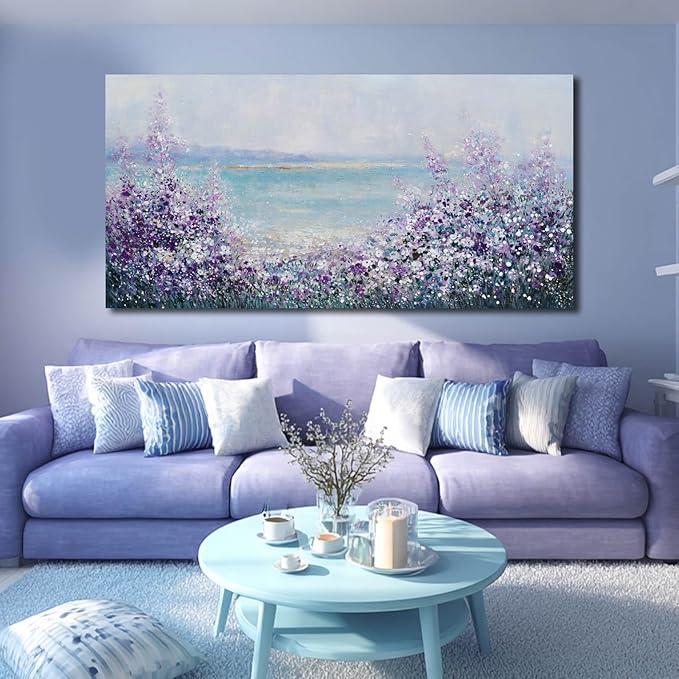 GAIDUOMAI Large Landscape Wall Art for Living Room Purple Flowers Pictures Wall Decor Blue Coastal Canvas Prints Modern Artwork for Bedroom Dining Room 29x58 Inch
