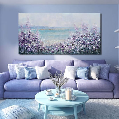 GAIDUOMAI Large Landscape Wall Art for Living Room Purple Flowers Pictures Wall Decor Blue Coastal Canvas Prints Modern Artwork for Bedroom Dining Room 29x58 Inch
