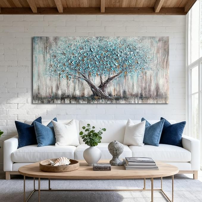 Arjun Tree Wall Art Canvas for Living Room Blue Tree of Life Nature Teal Abstract Textured Painting Picture Modern Panoramic Landscape Artwork Framed Bedroom Home Office Decor, Large Size 48"x24"