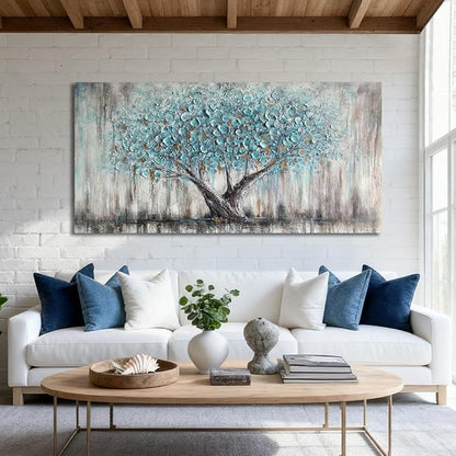 Arjun Tree Wall Art Canvas for Living Room Blue Tree of Life Nature Teal Abstract Textured Painting Picture Modern Panoramic Landscape Artwork Framed Bedroom Home Office Decor, Large Size 48"x24"