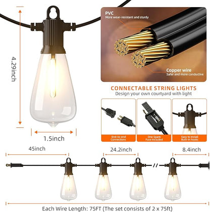 Kawaya Outdoor Lights String LED Patio Lights: 150FT Waterproof Commercial Grade Vintage String Lights for Outside - 72+3 Shatterproof ST38 Edison Bulbs for Porch Bistro Backyard Cafe (75FTx2)