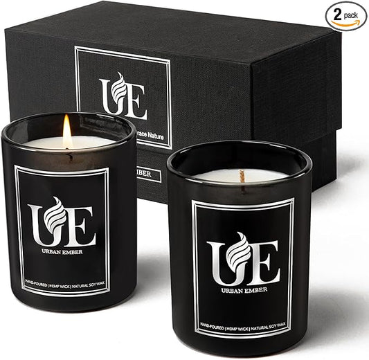 2 Pack Scented Candle Set for Men | Black Candles Set of Amber Wood，Mahogany Teakwood | 110 Hour Long Lasting Candles for Home Scented | Made with Soy Wax | 16 oz