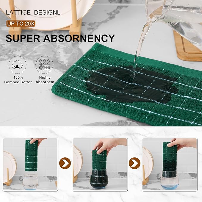 Mordimy 100% Cotton Terry Cloth Kitchen Towels, Super Soft and Absorbent Dish Towels for Drying, Checkered Designed Hand Towels for Kitchen, 16 x 26 Inches, 4 Pack, Dark Green