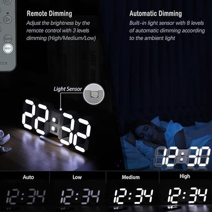 KOSUMOSU 3D LED Digital Wall Clock ,9.7", Large Display Table/ Desk Clock with Remote Control 12/24H Temperature (White Light)