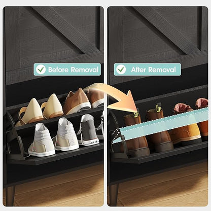 Vabches Shoe Storage Cabinet with 2 Flip Drawers,Freestanding Narrow Shoe Organizer with Open Storage,Hidden Slim Shoe Rack Cabinet for Entryway,Black (2 Pack)