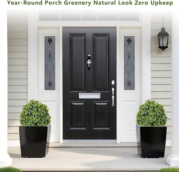 THE BLOOM TIMES 2ft Faux Boxwood Plants Outdoor Set of 2, 24" UV-Resistant Artificial Evergreen Topiary Ball, Fake Potted Greenery Shrubs & Bushes for Front Porch Planter, Patio Outside Decor