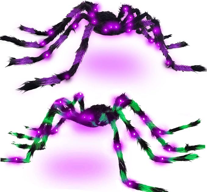 Halloween Spider Decorations 4ft Light Up Coloful Giant Spider(2 Pack) for Indoor Outdoor Halloween Decorations Yard Party House Décor