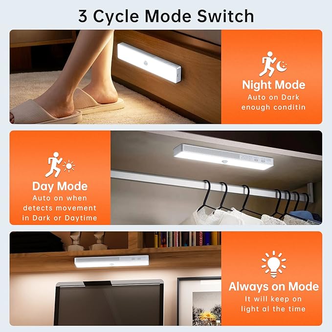 LED Closet Light, 6 Pcs 30LEDs Dimmer Rechargeable Motion Sensor Under Cabinet Lighting, Stick-Anywhere Night Safe Light Bar for Wardrobe,Kitchen