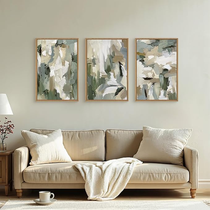 Large Abstract Green Beige Framed Canvas Wall Art Set,Neutral Brush Stroke Watercolor Wall Painting,Modern Minimalist Artwork for Living Room,Bedroom,Dining Room,Office -24"x36"x3