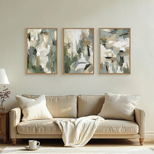 Large Abstract Green Beige Framed Canvas Wall Art Set,Neutral Brush Stroke Watercolor Wall Painting,Modern Minimalist Artwork for Living Room,Bedroom,Dining Room,Office -24"x36"x3